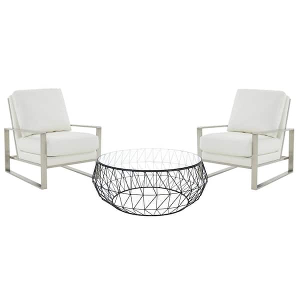 Jefferson Modern 3-Piece Living Room Set with 2-Leather Arm Chair in Silver Frame and Round Coffee Table (White)