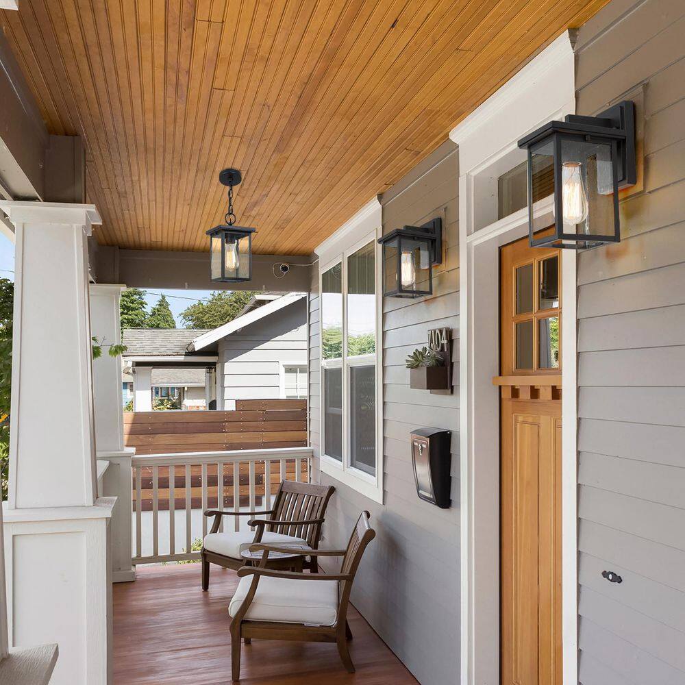 Matte Black Outdoor Lantern Sconce with Seeded Glass Shade