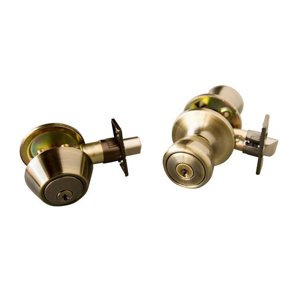 Design House Terrace Antique Brass Entry Door Knob and Single Cylinder Deadbolt with Universal 6-Way Latch