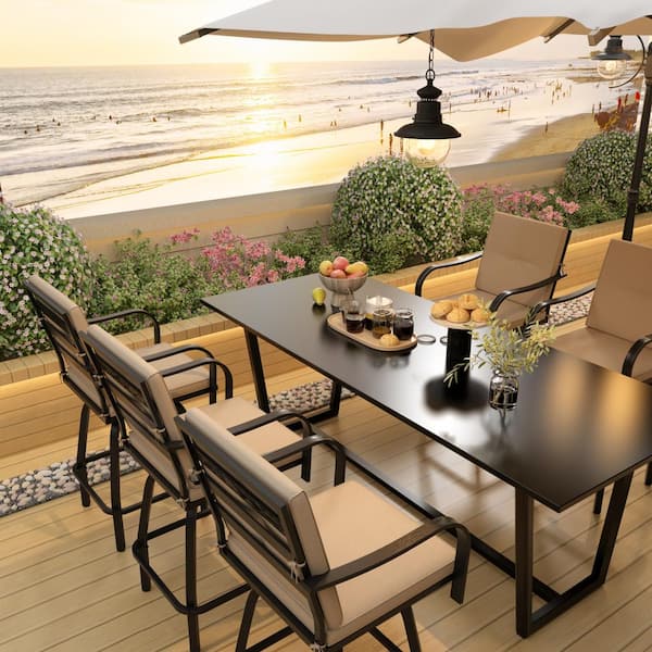 Kingdely Swivel Metal Frame Outdoor Bar Stools Height Patio Chairs Set with Beige Cushions Patio Furniture (Set of 2)