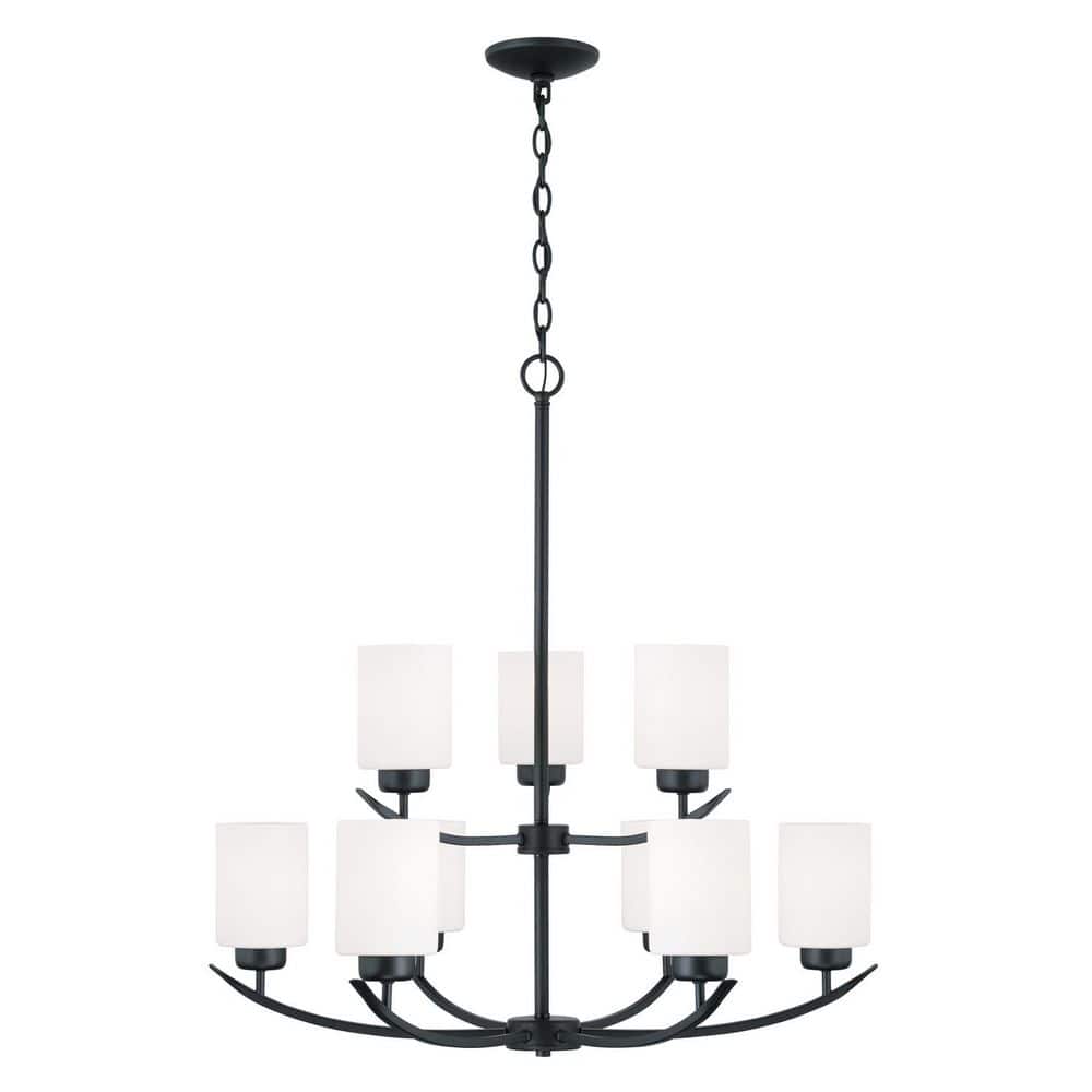 Matte Black 9-Light Chandelier with Soft White Glass Shades