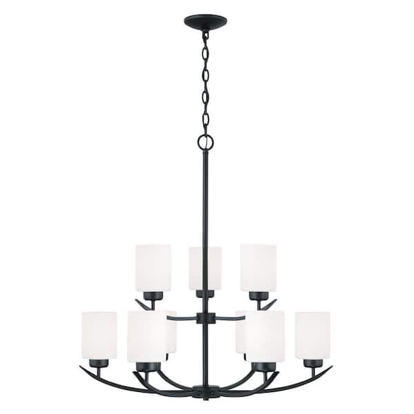 Dixon 28 in. W x 30 in. H 9-Light Matte Black Shaded Chandelier with Soft White Glass