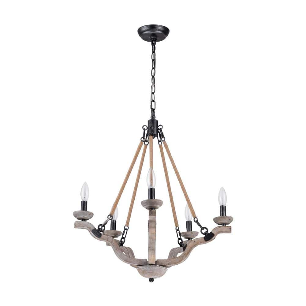 Libtad 5-Light 23.6 in. W Rustic Farmhouse Wood and Rope Pendant Light with Solid Wood for Dining Room and Living Room price history on PriceWatchPro