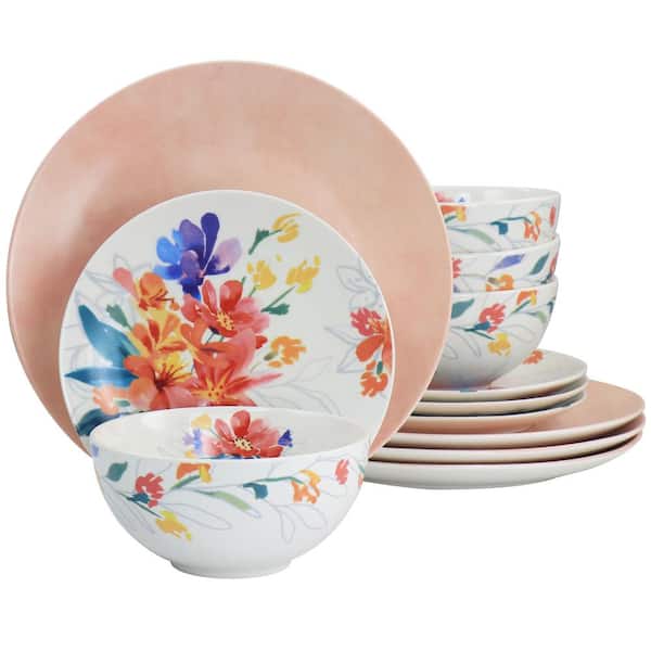 Spice BY TIA MOWRY Goji Blossom 12 Piece Fine Ceramic Dinnerware Set in Pink