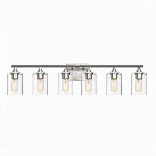 37 in. 6-Light Brushed Nickel Vanity Light with Clear Cylinder Glass Shades for Bathroom Mirror, Powder Room Bedroom