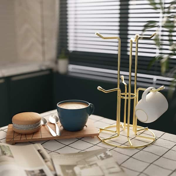 6-Hook Gold Mug Tree Coffee Mug Holder for Coffee Bar Countertop and Kitchen Display and Holding Large Mugs