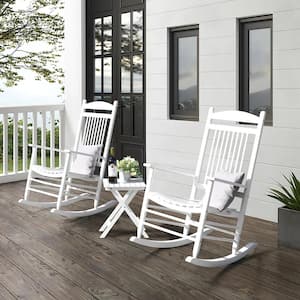 White Solid Wood Patio Outdoor Rocking Chair Set (3-Piece)