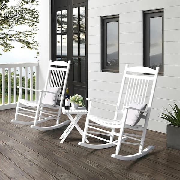 VEIKOUS White Solid Wood Patio Outdoor Rocking Chair Set (3-Piece)