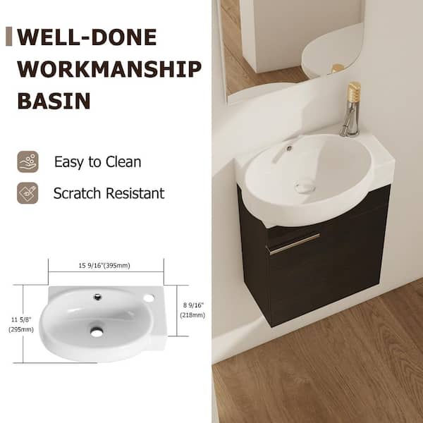 16.8 in Floating Single Sink Bath Vanity in Black Chestnut with White Ceramic Top