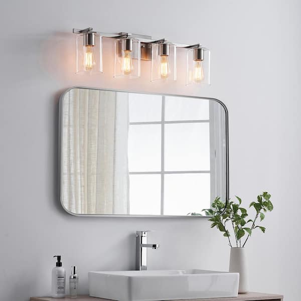 29 in. 4-Light Brushed Nickel Bathroom Vanity Light with Rectangle Glass Shades