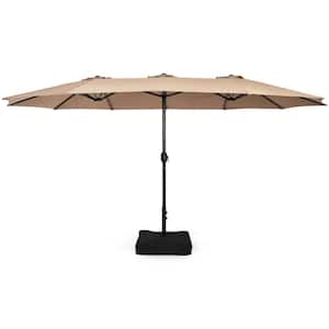 15 ft. Iron Market Double-Sided Twin Patio Umbrella with Crank and Base, Sturdy 12-Rib Metal Structure,Brown
