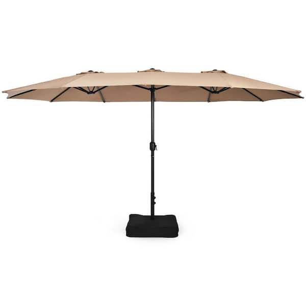 ANGELES HOME 15 ft. Iron Market Double-Sided Twin Patio Umbrella with Crank and Base, Sturdy 12-Rib Metal Structure,Brown