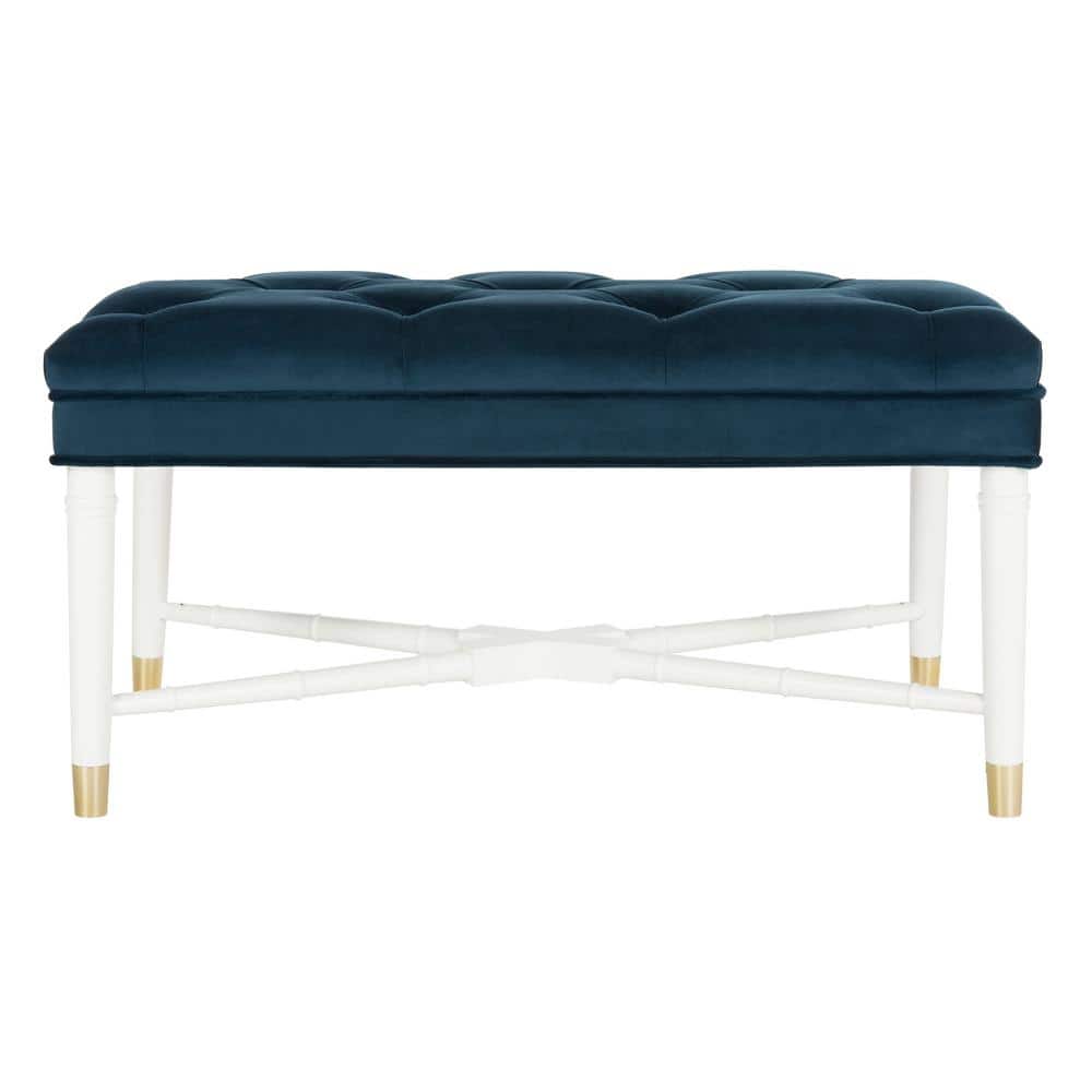 Navy Velvet Tufted Bench with White Bamboo Detail and Brass Capped Feet
