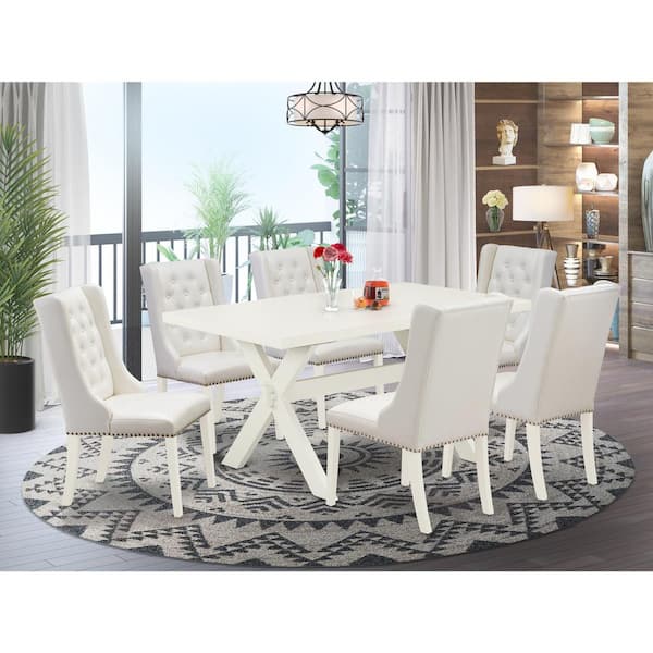East West Furniture 7-Piece Natural Oak Finish Solid Wood Top Dining Table with 6 Parson-Chairs with Lattice Back
