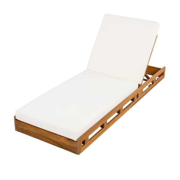 Elkins Teak Finish Solid Wood Patio Outdoor Chaise Lounge with Cream Cushion, Adjustable Backrest
