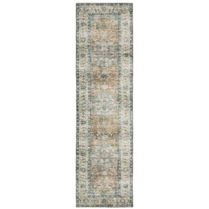 Cascade Blue/Gold 2 ft. x 8 ft. Traditional Medallion Polyester Machine Washable Indoor Runner Area Rug