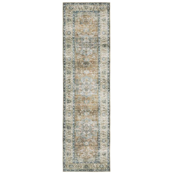AVERLEY HOME Cascade Blue/Gold 2 ft. x 8 ft. Traditional Medallion Polyester Machine Washable Indoor Runner Area Rug