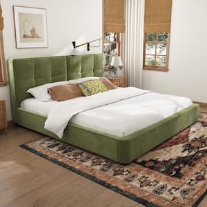 Meadow Olive Green Velvet Upholstered Wood Frame King Size Platform Bed with Tufted Headboard