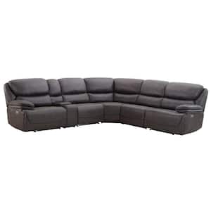 Plaza 6 Piece Polyester Sectional Sofa in Gray Brown with Recliner