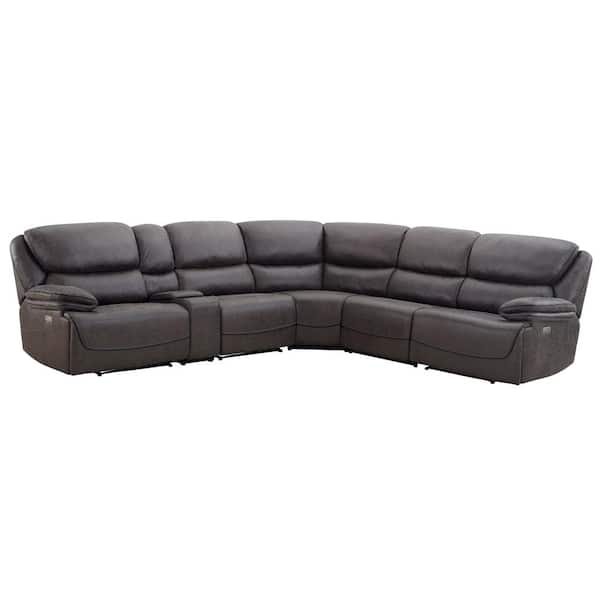 Plaza 228 in. 6-Piece Polyester Sectional Sofa in Gray Brown with Recliner
