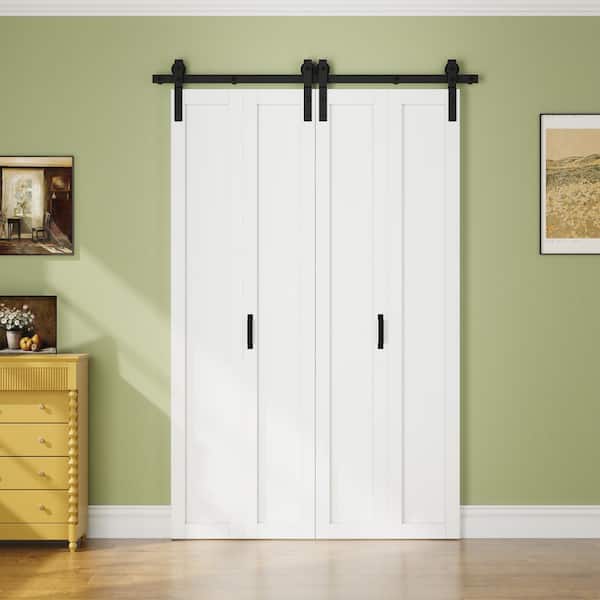 50 in. x 84 in. 1-Paneled White Primed Composite MDF Bifold Sliding Barn Door with Hardware Kit