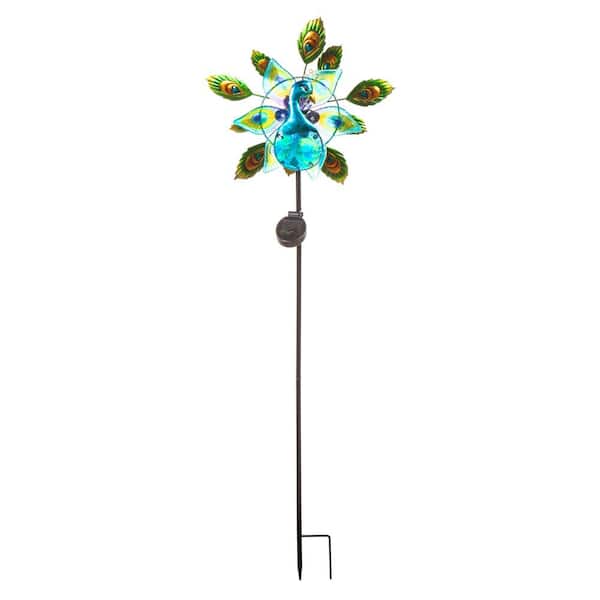 Evergreen 48 in. H Solar Staked Wind Spinner, Glass Peacock