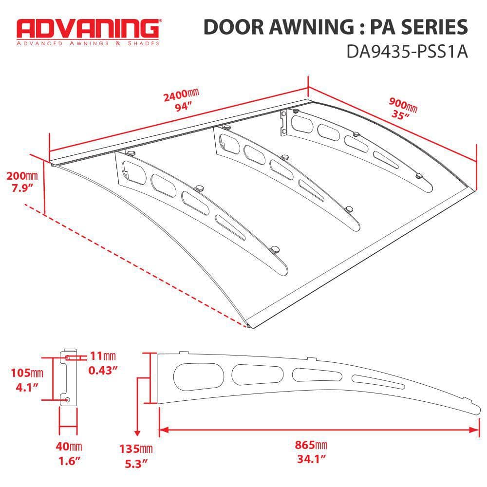 94" x 35" Tinted Polycarbonate and Aluminum Door Awning