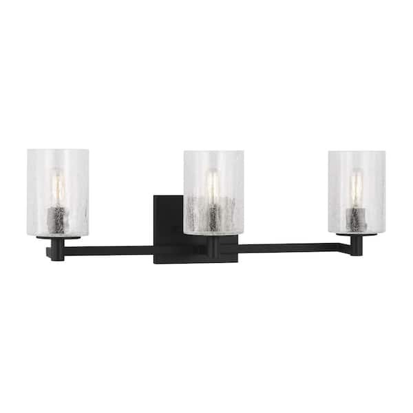 Generation Lighting Parker 24.625 in. W x 7.75 in. H 3-Light Midnight Black Bathroom Vanity Light with Clear Crackle Glass Shades