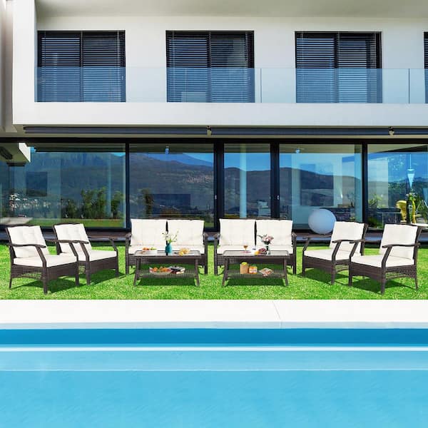 8-Pieces Wicker Patio Conversation Set Rattan Sofa Set with Protective Cover and Beige Cushions