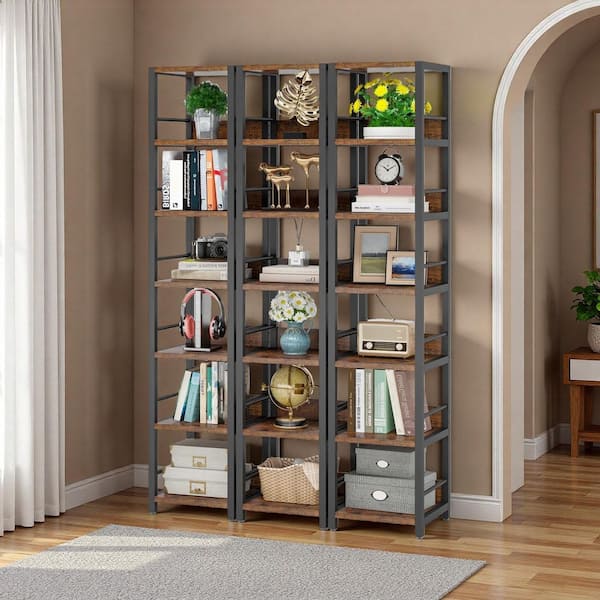 75 in. Tall Brown Engineered Wood 6-Shelf Etagere Bookcase, Corner Bookshelf Narrow Storage Rack for Small Space