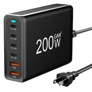 200-Watt Fast Wall Charger with 6 Charging Ports Desktop USB Charging Station PD45W 2.4 Amp GaN Power Adapter