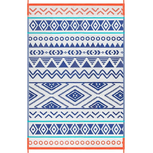Angel Sar 6 ft. x 9 ft. Outdoor Durable Waterproof Plastic Straw Area Rug for Patio, Backyard Porch and Camping, Blue and Red