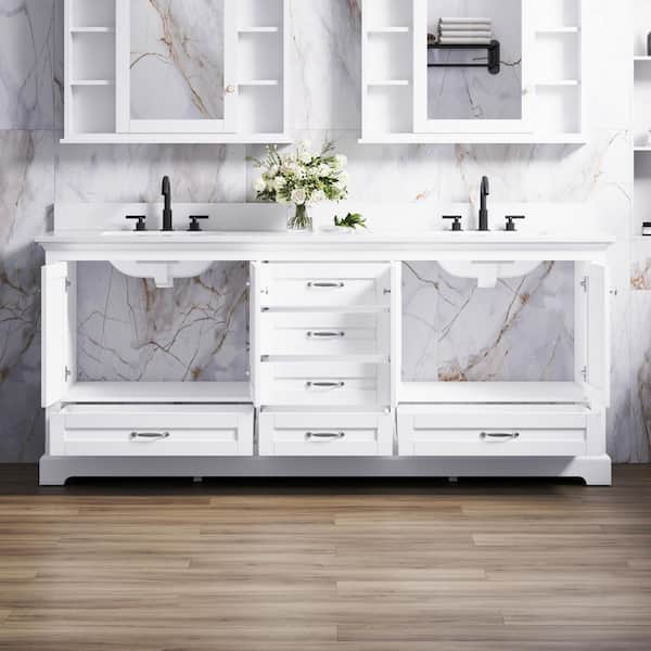 QUE 80 in. W Solid Wood Double Sink Bath Vanity in White with White Cultured Marble Top, Soft-Close Drawers, Assembled