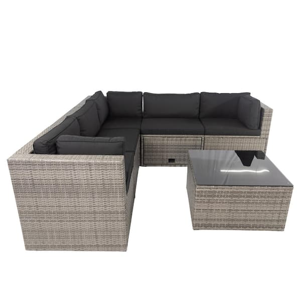 Zeus & Ruta 6-Piece Wicker Outdoor Sectional Sofa Set with Black Cushions and 3 Storage Under Seat for Porch Balcony Patio