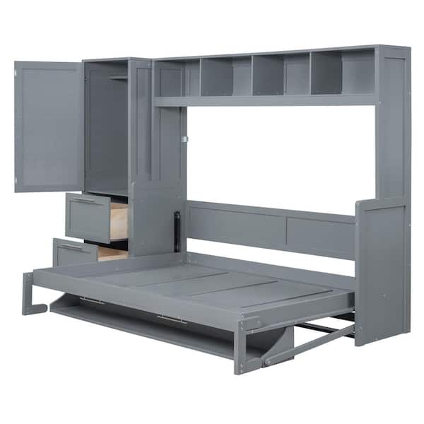 Harper & Bright Designs Gray Multifunctional Wood Frame Queen Size Murphy Bed with Closet and Drawers