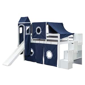 Blue Twin Size Wood Loft Bed with Tent, Tower, Slide and Storage Staircase