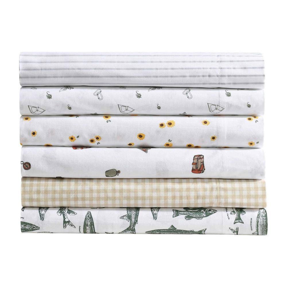 White Cotton Percale Twin Sheet Set with Outdoor Print