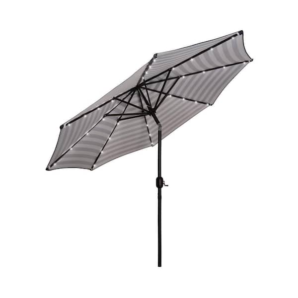 Marina Bronze/White Stripe 9 ft. Market Solar Powered LED Lighted Tilt Patio Crank Umbrella