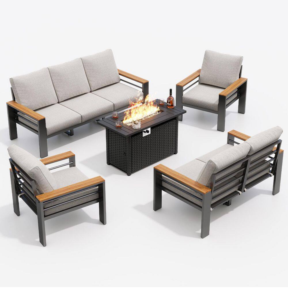 5-Piece Aluminum Outdoor Patio Conversation Set with wood armrest, 50000 BTU Propane Firepit Table and Chair Cushions price history on PriceWatchPro