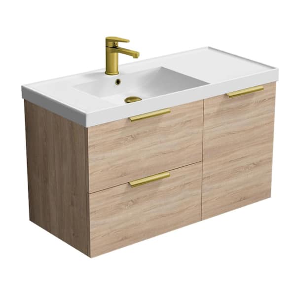 Nameeks Lisbon 36.2 in. W x 18.5 in. D x 21.65 in. H Modern Bathroom Vanity in Brown Oak With White Ceramic Top
