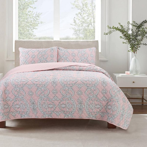 Cozy Line Home Fashions Millennial Pink Floral Majesty Medallion 3-Piece Polyester Queen Quilt Bedding Set