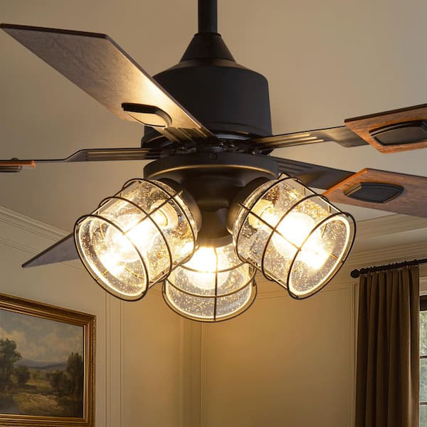 Farmhouse 52 in. 3-Light Indoor Black Downrod Standard Ceiling Fan with Glass Light Kit and Remote Control Included