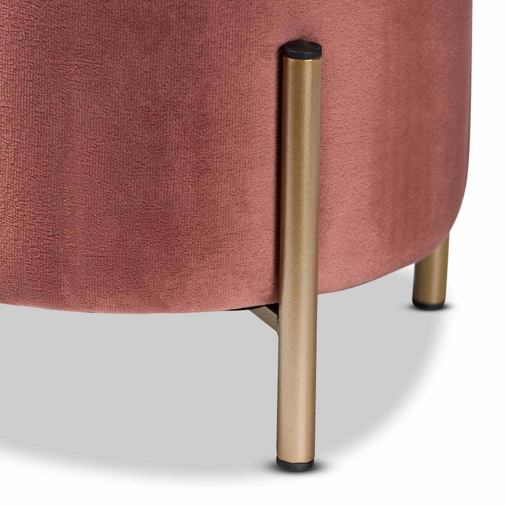 Thurman 11'' Pink Velvet and Gold Metal Round Ottoman