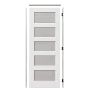 32 in. x 80 in. 5-Lite Frosted Glass Left-Handed White Solid Core Single Prehung Interior Door with Quick Assemble Jamb