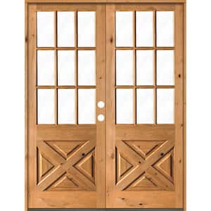 64 in. x 96 in. Knotty Alder 2-Panel Left-Hand/Inswing 1/2 Lite Clear Glass Clear Stain Double Wood Prehung Front Door