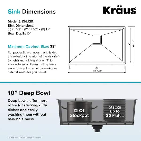 KRAUS Pax Zero-Radius 28.5in. 16 Gauge Undermount Single Bowl 