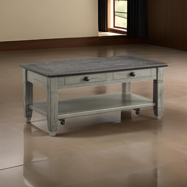Benjara Rome 26 in. Brown and Gray Rectangle Solid Wood Coffee Table with 2 Drawers and Casters