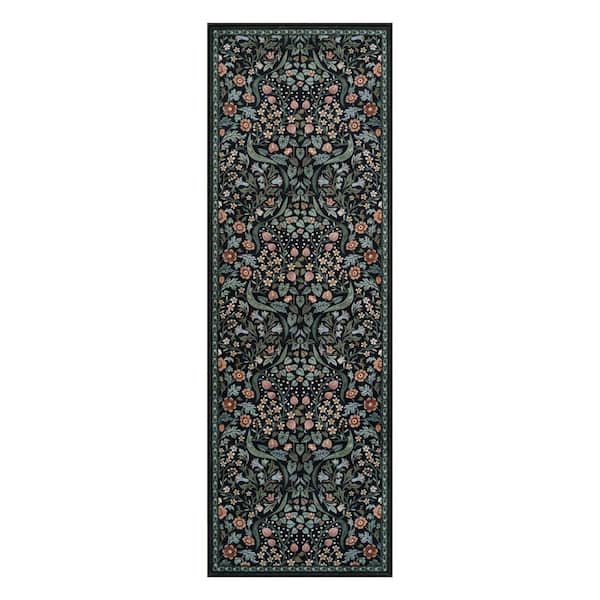 Multi-Colored Floral Plant Washable Black 2 ft. x 6 ft. Runner Rug