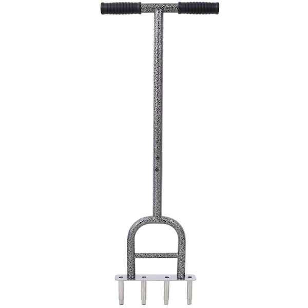 Gray Steel Lawn 4-Tine Aerator, 4 Corer Plug Aerator Toolwith Soft Rubber Grip for Loosening Soil