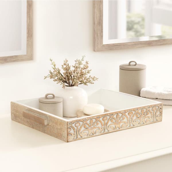 Kate and Laurel Engrahm 16.50 in. W Rectangle White Wood Decorative Tray  222604 - The Home Depot